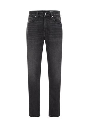 Mustad sirge lõikega teksapüksid ees nööpide ja luku kinnitusega, viie tasku ning vööaasa disainiga.