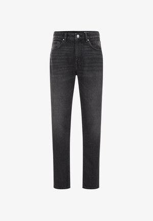 Mustad sirge lõikega teksapüksid ees nööpide ja luku kinnitusega, viie tasku ning vööaasa disainiga.