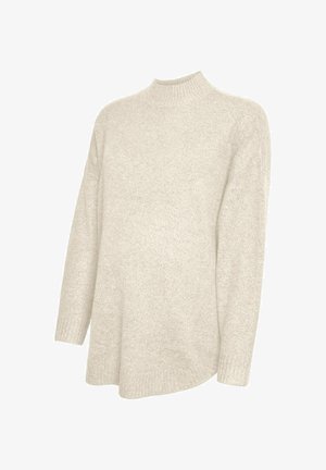 Gai beige adīts puloveris ar augstu apkakli, garām piedurknēm un asimetrisku apakšmalu. Mīksta tekstūra, ikdienišķs dizains.