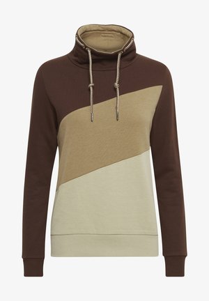 Brauner und beiger Hoodie mit hohem Kragen. Mit diagonalen Farbblöcken, strukturiertem Stoff und Kordelzügen am Hals.