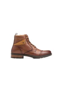 Bottines en cuir marron avec une finition lisse, bout rond, accents beige contrastants, design à lacets et semelle texturée marron.