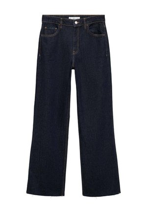 Dunkelblaue Jeans im weiten Schnitt mit mittelhoher Taille, vorderen Taschen, hinteren Taschen und kontrastierenden Nähten. Rohe Saumdetails.