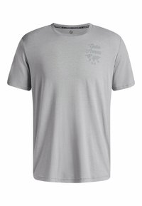 Gray short-sleeve T-shirt made of soft fabric, featuring a crew neck and a subtle printed logo on the upper left side.