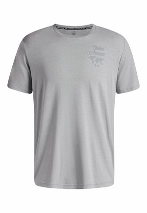 Gray short-sleeve T-shirt made of soft fabric, featuring a crew neck and a subtle printed logo on the upper left side.