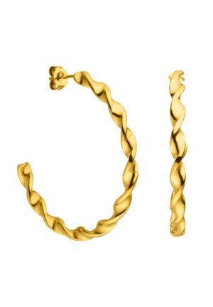 Gouden gedraaide oorringen met pen en vlindersluiting, getoond van voren en van opzij tegen een witte achtergrond.
