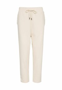 Light beige sweatpants with a drawstring waistband, slim fit, two side pockets, and a soft, textured fabric.