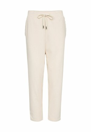 Light beige sweatpants with a drawstring waistband, slim fit, two side pockets, and a soft, textured fabric.