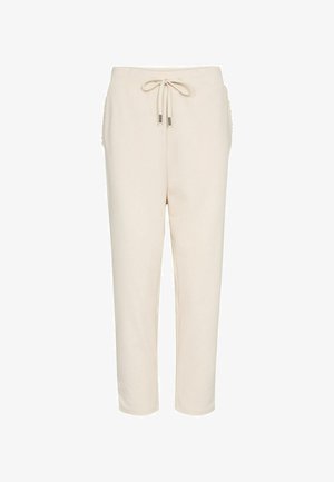 Jasno beżowe spodnie dresowe z elastycznym pasem ze sznurkiem, dopasowany krój, dwie boczne kieszenie i miękki, teksturowany materiał.