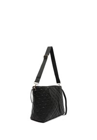 Sac à épaule en cuir noir avec un design matelassé présentant des motifs en bulles arrondies. Bandoulière réglable et détails en métal doré.