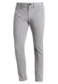 Grå bomullshosor med slim fit, som har en framknappsstängning, bältesöglor, två sidofickor och en slät, otexturerad yta.