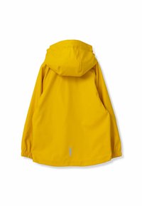 Gelbe Regenjacke mit Kapuze, elastischen Bündchen und einem reflektierenden Akzent auf der Rückseite. Glattes, wasserdichtes Material, schlichtes Design.