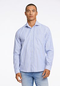 Lange mouwen knoopshirt van lichtgewicht katoen met blauwe en witte verticale strepen. Heeft een zak en een klassieke kraagontwerp.