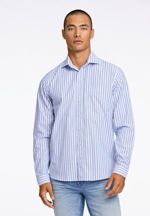 Camicia button-up a maniche lunghe in cotone leggero con righe verticali blu e bianche. Presenta una tasca e un design con colletto classico.