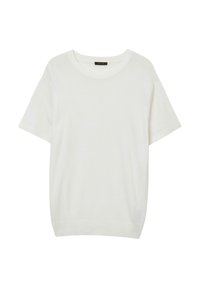 Maglione bianco a maniche corte realizzato in morbido tessuto a maglia. Presenta un neckline rotondo e orlo a coste, con un taglio oversize e rilassato.