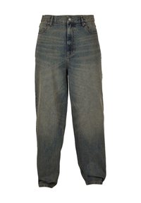 Džínové kalhoty v tmavě modré barvě, volného střihu, s předními kapsami, zapínáním na knoflík a zip a jemným vyblednutím v oblasti kolen.
