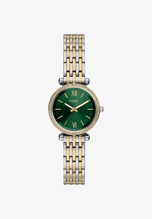 Montre-bracelet Fossil à cadran rond vert avec chiffres romains dorés, lunette ornée de cristaux et bracelet métallique bicolore argent et or.