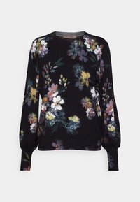 Schwarzer Pullover mit floralem Muster in Farben wie Weiß, Gelb und Lila. Merkmale sind lange Puffärmel und ein runder Halsausschnitt.
