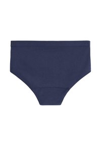 Mørkeblå højtaljede bikiniunderdel lavet af glat stof, med et sømløst design og en komfortabel, elastisk talje.