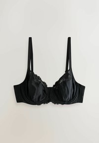 Fekete melltartó selymes felülettel, csipke díszítéssel a kosaraknál, állítható pántokkal és támogató, formázott kialakítással.