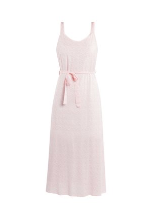 Világos rózsaszín, ujjatlan ruha, mély dekoltárral, megkötős derékrésszel és szűkített derékkal. Finom mintázat díszíti az anyagot.