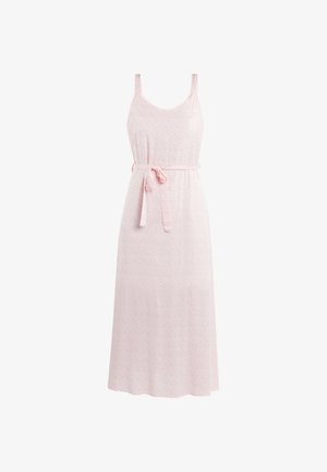 Világos rózsaszín, ujjatlan ruha, mély dekoltárral, megkötős derékrésszel és szűkített derékkal. Finom mintázat díszíti az anyagot.