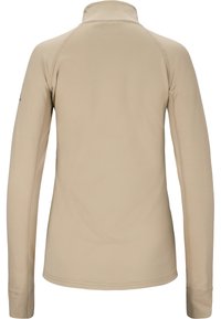 Beige long-sleeve top with a high collar, smooth texture, stitched detailing, and fitted design, showing the back view.