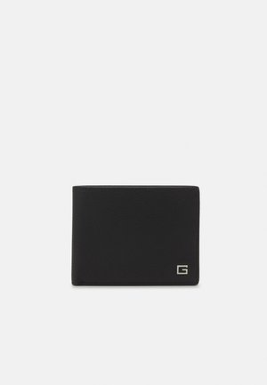 Portefeuille en cuir noir avec une surface texturée, design pliable en deux et un petit logo en argent dans un coin. Simple et fonctionnel.