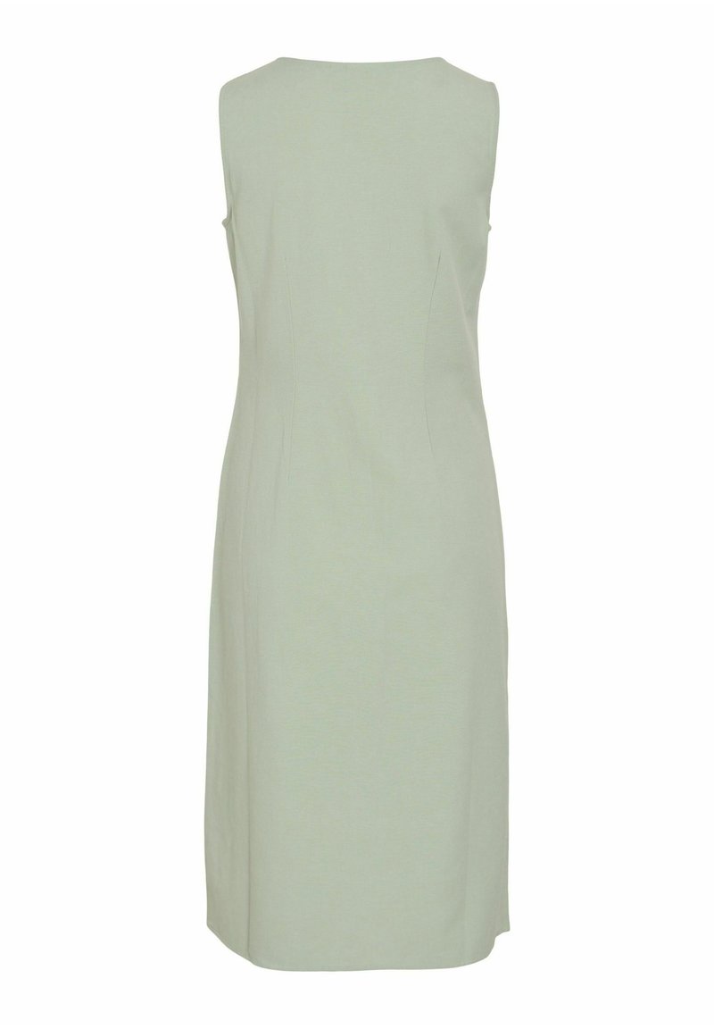 Robe midi sans manches en tissu vert menthe doux. Design ajusté avec une texture lisse et des lignes épurées, sans matériel ou motifs visibles.