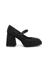 Scarpe Mary Jane nere con tacco alto, caratterizzate da una superficie texturizzata, impreziosita da piccoli rivetti, una punta tonda e un tacco a blocco robusto.