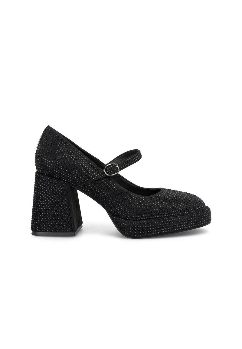 Scarpe Mary Jane nere con tacco alto, caratterizzate da una superficie texturizzata, impreziosita da piccoli rivetti, una punta tonda e un tacco a blocco robusto.