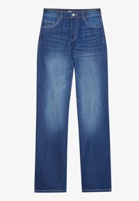 Mörkblå denimjeans med rak ben-design, som har framfickor, knappstängning och ljusa urtvättningseffekter.