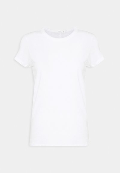 Λευκό βαμβακερό t-shirt με κοντά μανίκια, στρογγυλή λαιμόκοψη και άνετη εφαρμογή. Λείος υφασμάτινος ιστός χωρίς ορατά σχέδια ή διακοσμητικά στοιχεία.