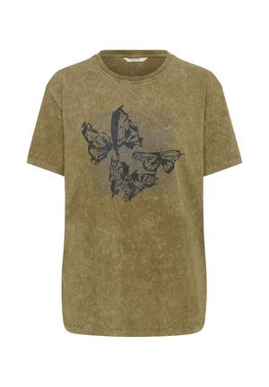 Tricou maro cu mânecă scurtă, spălat, cu o grafică estompată cu fluture negru plasată în centrul părții din față.