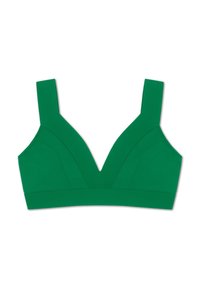 Zeleni bralette s V-izrezom, širokim podesivim trakama i glatkim materijalom. Ima čiste linije i strukturirane šavove.