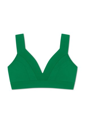 Green bralette with a V-neck design, wide adjustable straps, and smooth fabric. Features clean lines and structured seams.