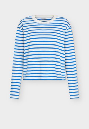 Langærmet T-shirt med rund hals, prydet med vandrette blå og hvide striber. Blødt, glat stof med en afslappet pasform og sideslids.