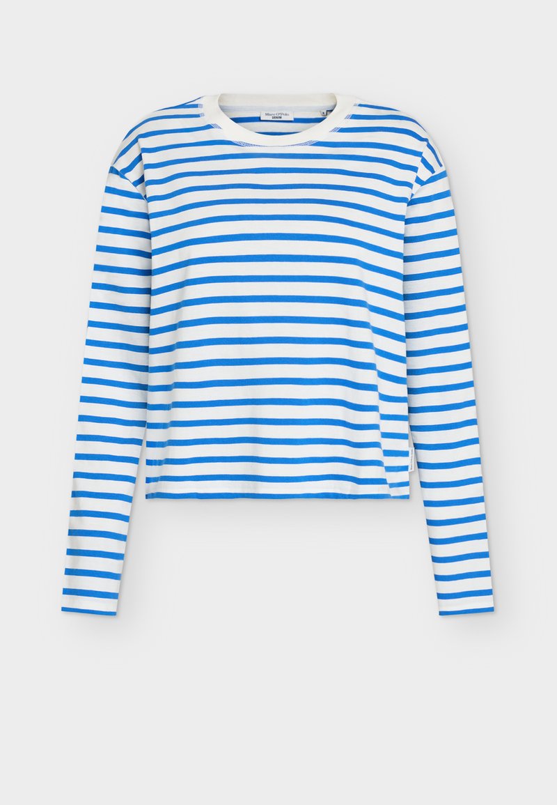 Pitkähihainen crew-neck T-paita, jossa on vaakasuoria sinisiä ja valkoisia raidoita. Pehmeä, sileä kangas, jossa on rento istuvuus ja sivuhalkioratkaisu.