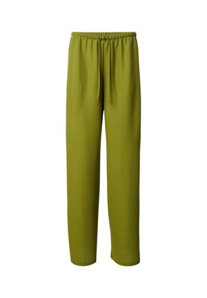 Grüne, locker sitzende Hose mit elastischem Bund und Kordelzug. Weicher Stoff und gerades Bein Design ohne sichtbare Muster oder Akzente.