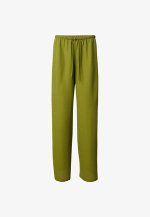 Grüne, locker sitzende Hose mit elastischem Bund und Kordelzug. Weicher Stoff und gerades Bein Design ohne sichtbare Muster oder Akzente.