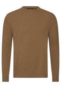 Pull en maille marron avec un col rond, des manches longues, des poignets et un ourlet côtelés. Fabriqué à partir d'un matériau doux avec une texture lisse.