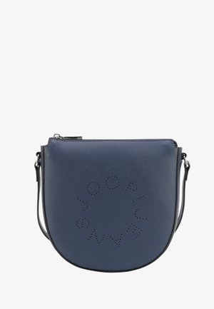 Borsa a tracolla blu in pelle con forma arrotondata, dotata di branding perforato, chiusura con zip e tracolla staccabile.