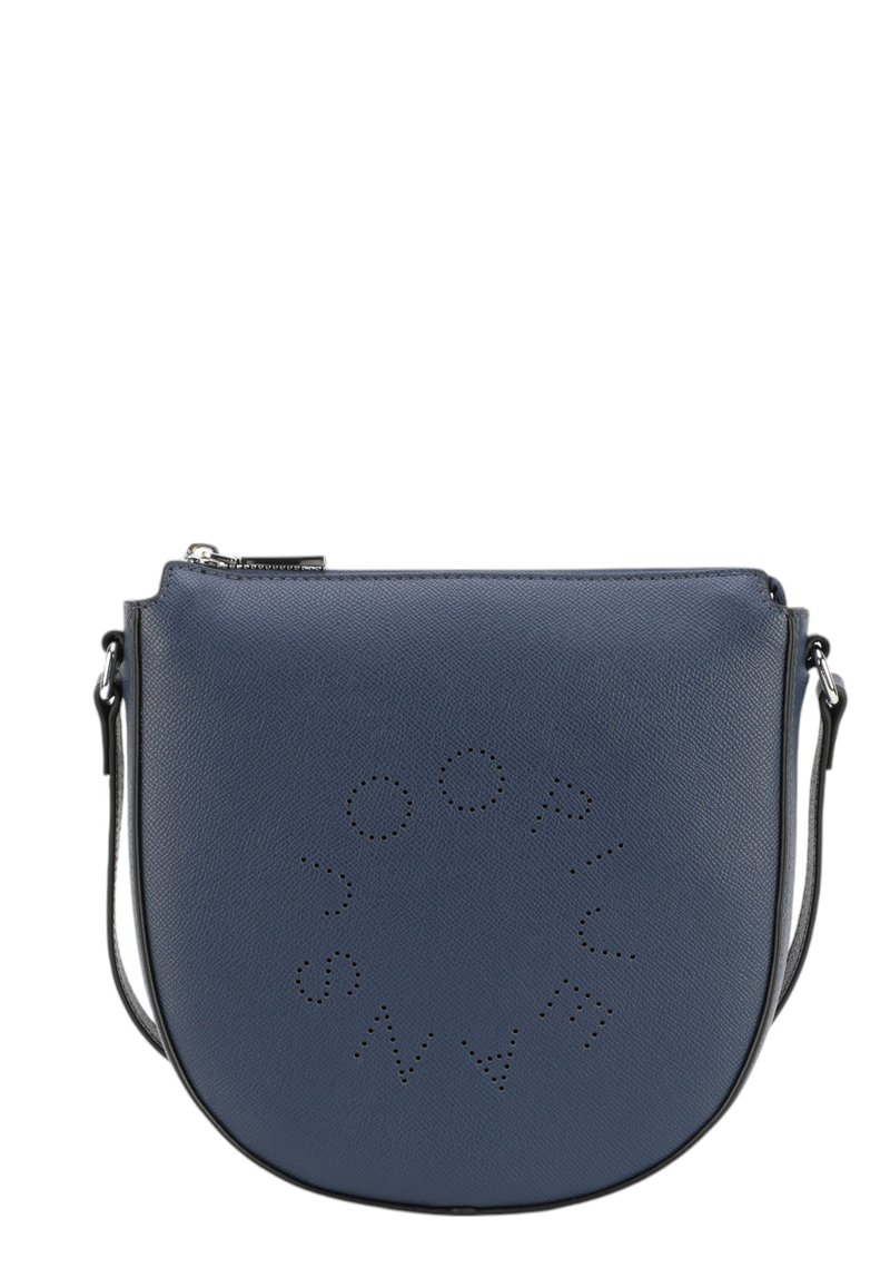 Borsa a tracolla blu in pelle con forma arrotondata, dotata di branding perforato, chiusura con zip e tracolla staccabile.