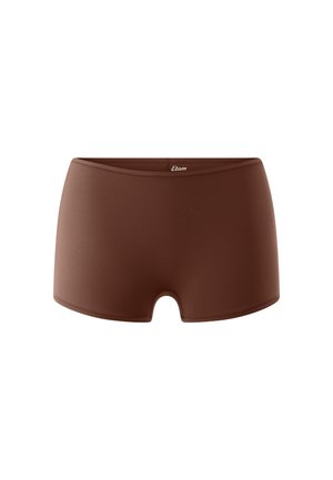 Braune nahtlose Damen-Boyshorts mit mittelhohem Bund und glattem, eng anliegendem Stoff, mit dem Schriftzug "Etam" auf der Innenseite des Bundes.