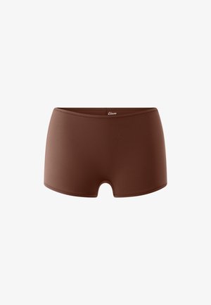 Braune nahtlose Damen-Boyshorts mit mittelhohem Bund und glattem, eng anliegendem Stoff, mit dem Schriftzug "Etam" auf der Innenseite des Bundes.