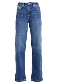 Vaqueros de denim azul claro con un corte recto, diseño de cinco bolsillos, cierre de botón metálico y cremallera, y un ligero desgastado.