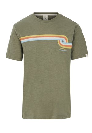 Olive green short-sleeve T-shirt in soft cotton blend, featuring horizontal stripes in orange, yellow, and blue across the chest.