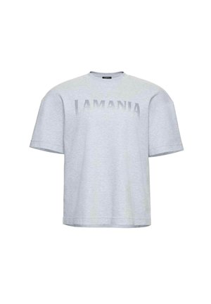 Šedé bavlněné tričko s krátkými rukávy, kulatým výstřihem a nápisem "LAMANIA" na přední straně v tmavším odstínu.