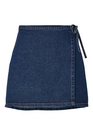 Denimová zavinovací sukně ve tmavě modré barvě s vázáním. Má rovný střih, prošití podél lemu a hladkou texturu.