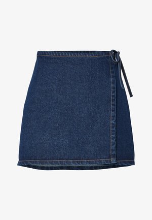 Denim wrap skirt in dark blue with a tie closure. Features a straight cut, top-stitching along the hem, and a smooth texture.