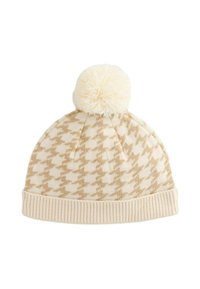 Stickad beige mössa med ett houndstooth-mönster, en mjuk pom-pom på toppen och ribbat manschett. Tillverkad av varmt, strukturerat tyg.
